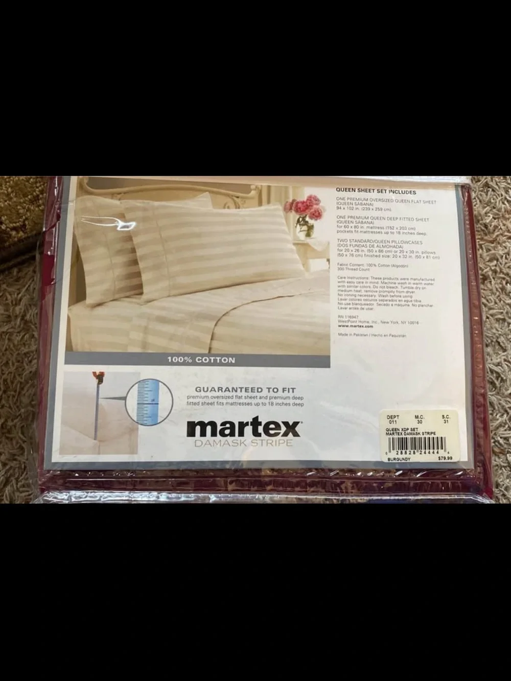 Martex Damask Stripe Queen Sheet Set in Burgundy